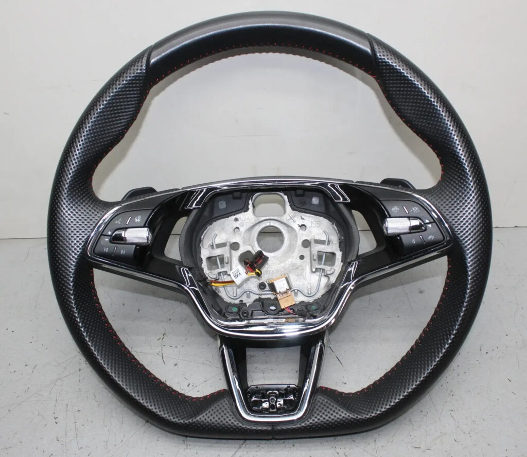 Skoda Octavia IV NX Heated Multifunction Steering Wheel Black with red stitching OEM 5E3419093BPVKK